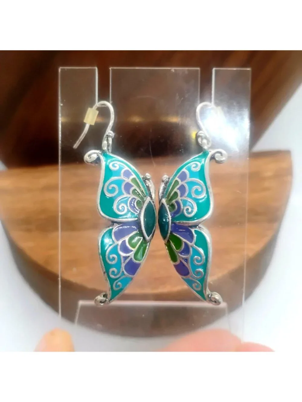 Double Sided Enamel Butterfly Wing Earrings Blue Purple Green Silver 1.5